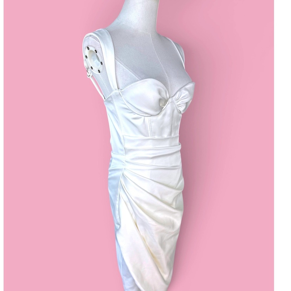 House of CB Omaria Corset Mini Dress SZXS Ivory Draped Satin Slit Back Cutout - Picture 5 of 13